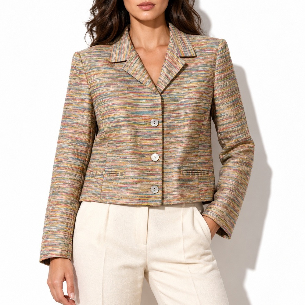 70s Vintage Soiree Handwoven Striped Silk Blazer Womens L Cream Space Dye Jacket